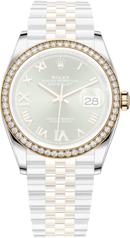 Rolex,Datejust 36 36mm,36mm,Yellow Gold,Stainless Steel,Green,Automatic,Day,70hours,126283RBR,126283RBR-0011