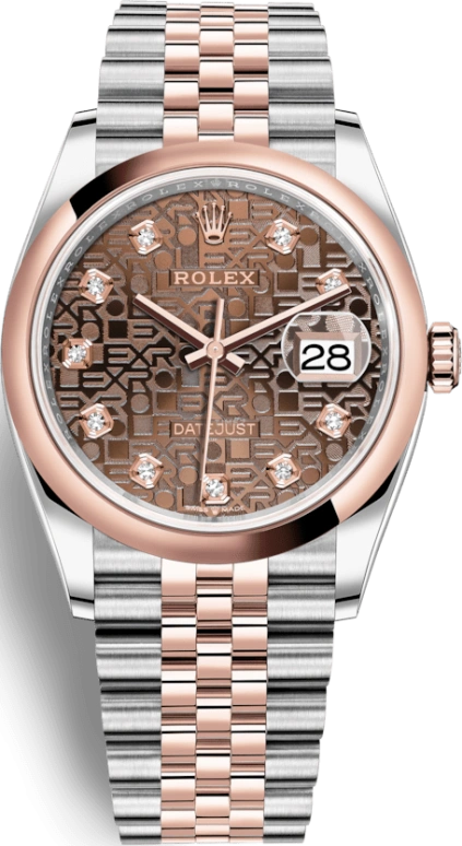 Rolex,Datejust 36 36mm,36mm,Rose Gold,Stainless Steel,Brown,Chocolate,Automatic,Day,70hours,126201,126201-0025
