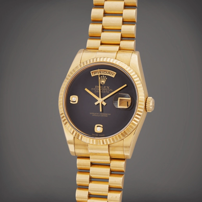 Rolex,Day-Date 36 36mm,36mm,Yellow Gold,Black,Automatic,Date,Day,118238 Onyx Arabic
