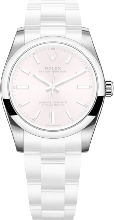 Rolex,Oyster Perpetual 34mm,34mm,Stainless Steel,Pink,Automatic,55hours,In-house Caliber,124200,124200-0004