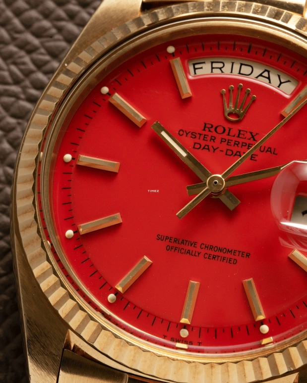 Rolex,Day-Date 36 36mm,36mm,Yellow Gold,Red,Automatic,Date,Day,1803 Stella Coral Red President