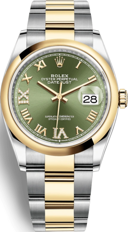 Rolex,Datejust 36 36mm,36mm,Yellow Gold,Oystersteel,Green,Automatic,Day,70hours,126203,126203-0026