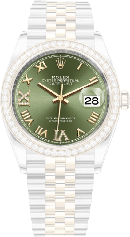 Rolex,Datejust 36 36mm,36mm,Yellow Gold,Stainless Steel,Green,Automatic,Day,70hours,126283RBR,126283RBR-0011