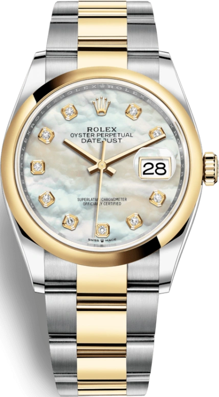 Rolex,Datejust 36 36mm,36mm,Yellow Gold,Stainless Steel,White,Automatic,Day,70hours,126203,126203-0024