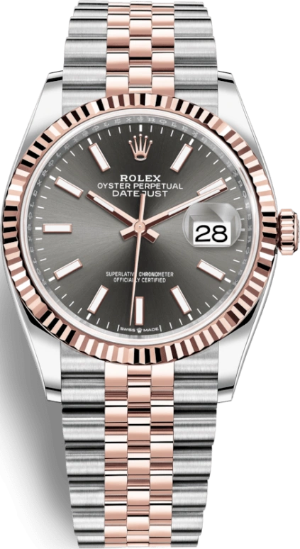 Rolex,Datejust 36 36mm,36mm,Rose Gold,Stainless Steel,Grey,Automatic,Day,70hours,126231,126231-0013