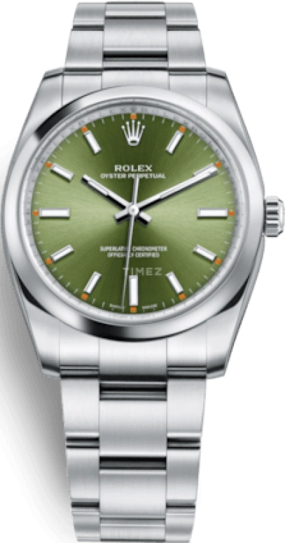 Rolex,Oyster Perpetual 34mm,34mm,Stainless Steel,Green,Automatic,48hours,In-house Caliber,114200,114200-0021