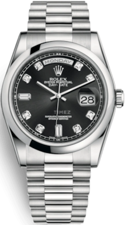 Rolex,Day-Date 36 36mm,36mm,Platinum,Black,Automatic,Date,Day,118206,118206-0044