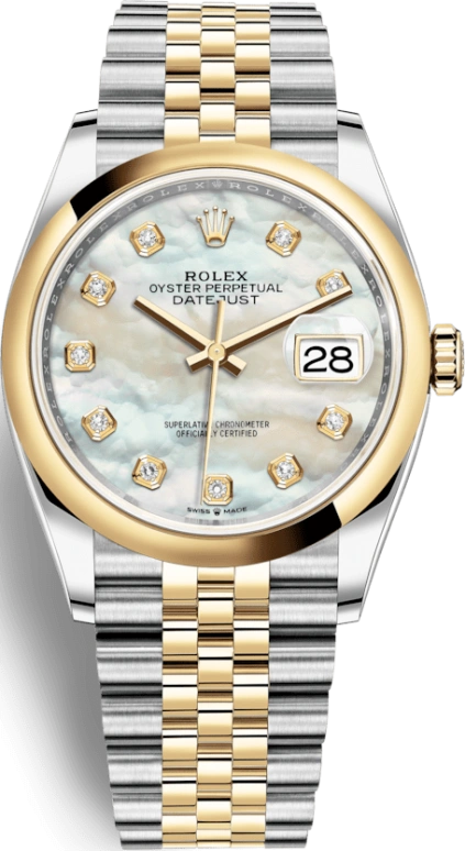 Rolex,Datejust 36 36mm,36mm,Yellow Gold,Stainless Steel,White,Automatic,Day,70hours,126203,126203-0023
