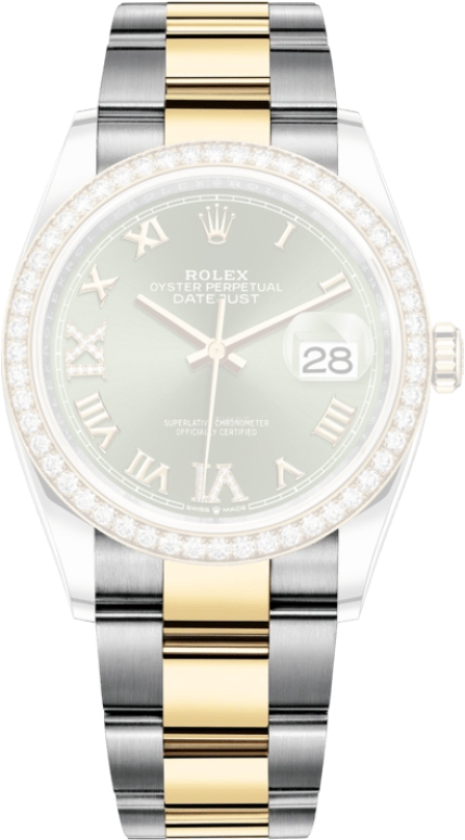 Rolex,Datejust 36 36mm,36mm,Yellow Gold,Stainless Steel,Green,Automatic,Day,70hours,126283RBR,126283RBR-0012