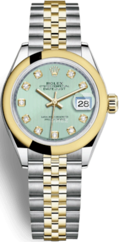 Rolex,Lady-Datejust 28mm,28mm,Yellow Gold,Stainless Steel,Green,Automatic,Day,55hours,279163,279163-0015