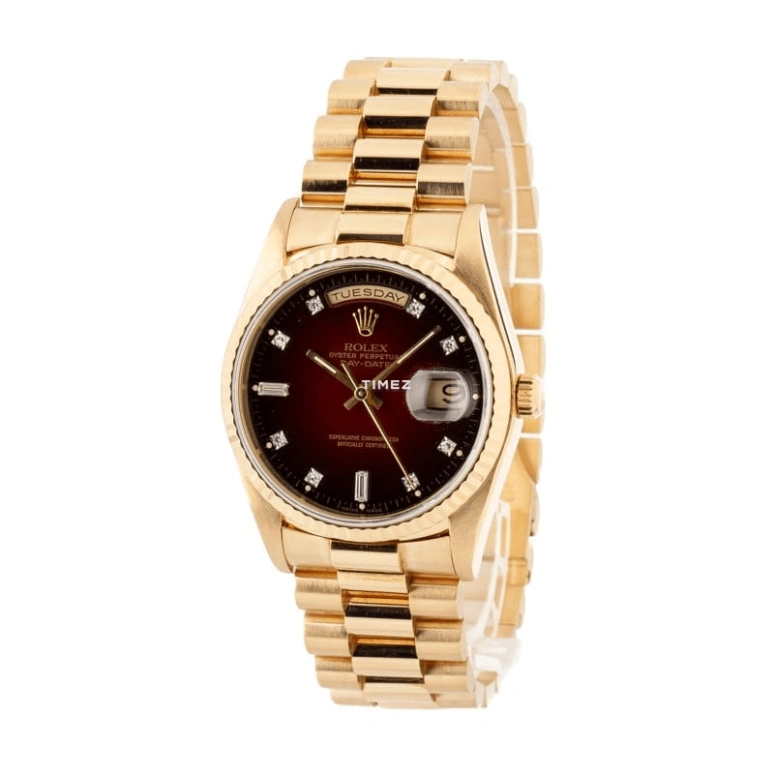 Rolex,Day-Date 36 36mm,36mm,Yellow Gold,Brown,Gradient,Black,Automatic,Date,Day,18238 Brown Vignette Dial