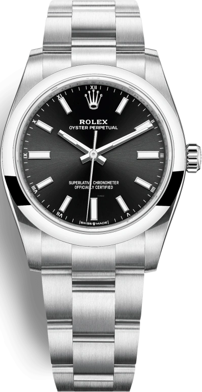 Rolex,Oyster Perpetual 34mm,34mm,Stainless Steel,Black,Automatic,55hours,In-house Caliber,124200,124200-0002