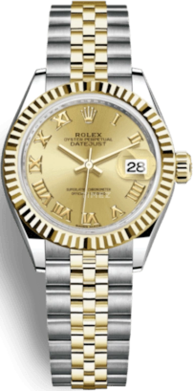 Rolex,Lady-Datejust 28mm,28mm,Yellow Gold,Stainless Steel,Champagne,Gold,Automatic,Day,55hours,279173,279173-0009