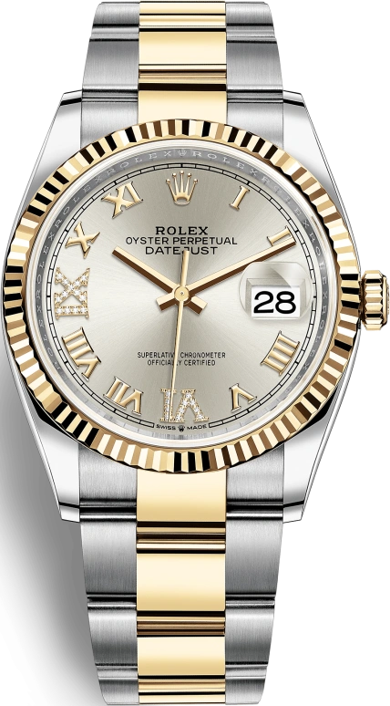 Rolex,Datejust 36 36mm,36mm,Yellow Gold,Stainless Steel,Silver,Automatic,Day,70hours,126233,126233-0032