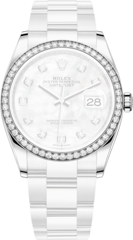 Rolex,Datejust 36 36mm,36mm,White Gold,Stainless Steel,White,Automatic,Day,70hours,126284RBR,126284RBR-0012