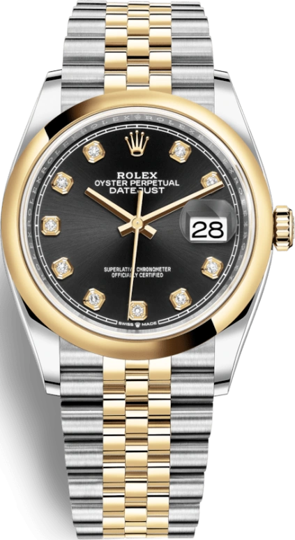 Rolex,Datejust 36 36mm,36mm,Yellow Gold,Stainless Steel,Black,Automatic,Day,70hours,126203,126203-0021