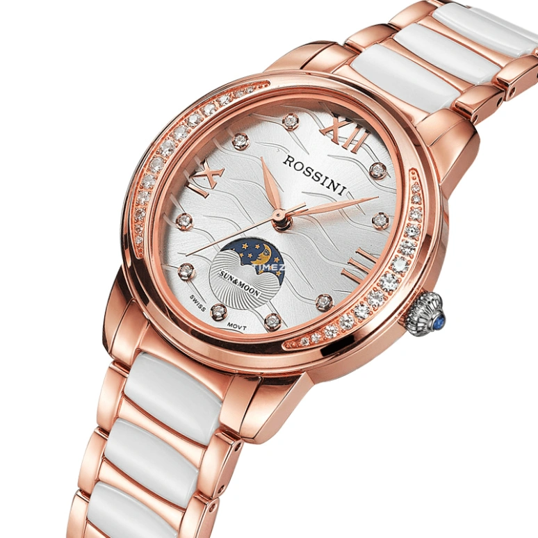 Rossini,Elegance 34mm,34mm,Stainless Steel,Rose Gold,Silver White,Quartz,Moonphase,Sapphire,Crystal Glass,5604T01A