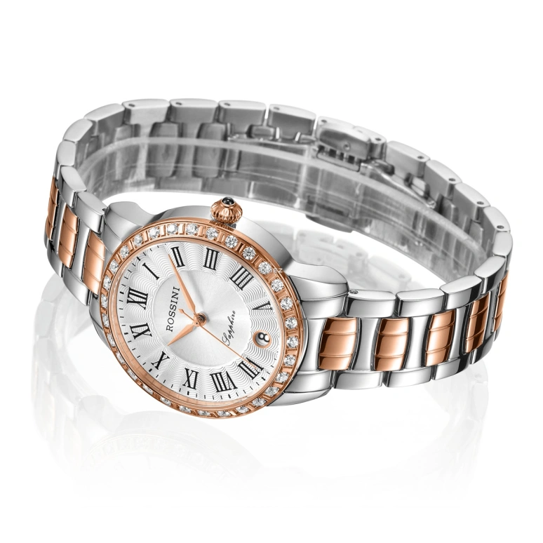 Rossini,Elegance 34mm,34mm,Stainless Steel,Rose Gold,Silver,Quartz,Day,Sapphire,5718T01B