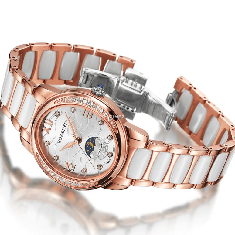 Rossini,Elegance 34mm,34mm,Stainless Steel,Rose Gold,Silver White,Quartz,Moonphase,Sapphire,Crystal Glass,5604T01A