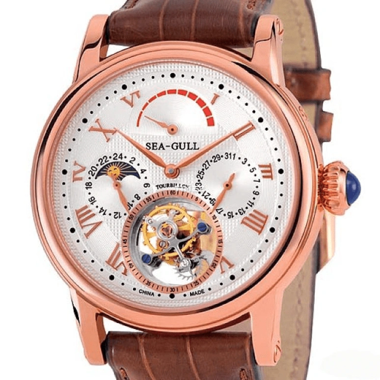 Sea-Gull,Tourbillon 40mm,40mm,Rose Gold,White,Handwound,Moonphase,Day,Power Reserve Indicator,Tourbillon,Sapphire,Crystal Glass,Round,ST8007GA