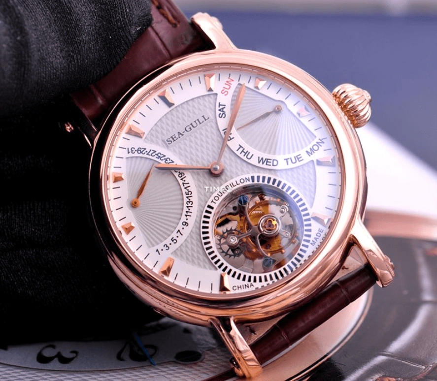 Sea-Gull,Museum 39mm,39mm,Rose Gold,White,Handwound,Date,Day,Tourbillon,Flyback,Sapphire,Crystal Glass,Round,ST8004G