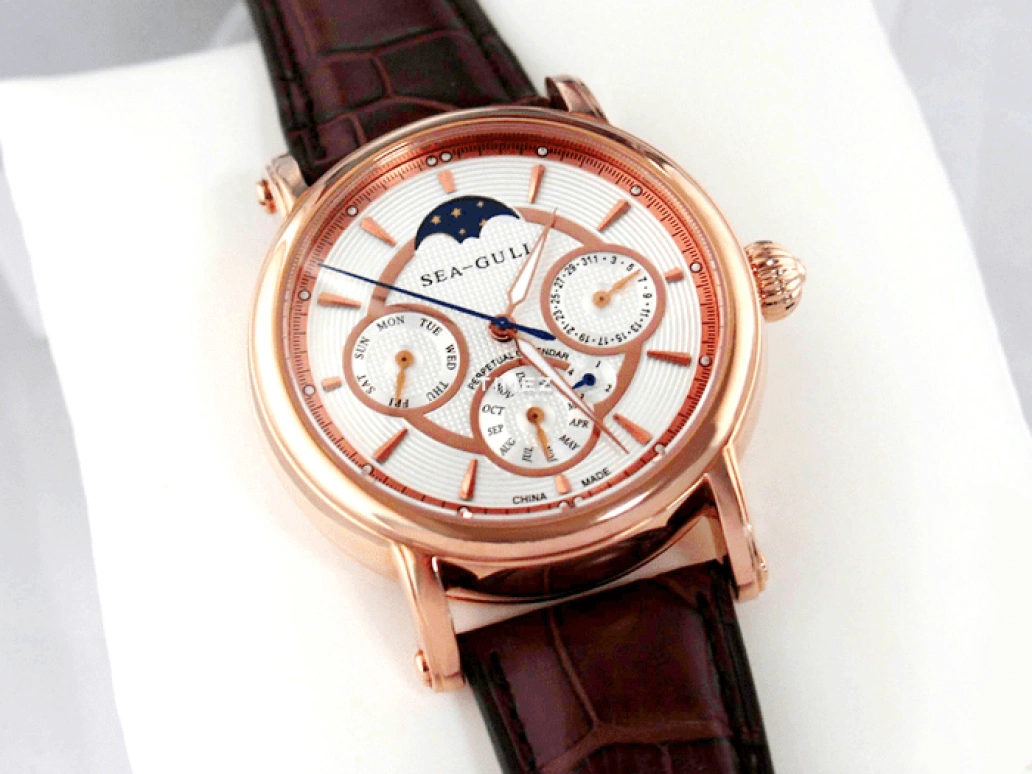 Sea-Gull,Multifunction 42mm,42mm,Rose Gold,White,Handwound,Moonphase,Perpetual Calendar,Month,Date,Sapphire,Crystal Glass,Round,ST2590G
