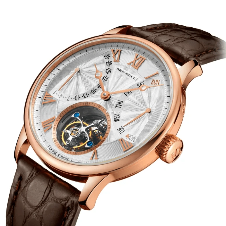 Sea-Gull,Other 40mm,40mm,Rose Gold,White,Handwound,Date,Day,Tourbillon,Flyback,Sapphire,Crystal Glass,Round,618,618.874