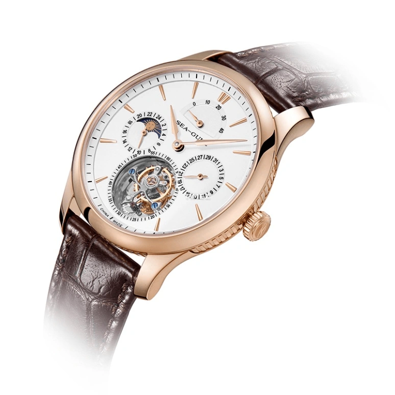 Sea-Gull,Tourbillon 41mm,41mm,Stainless Steel,White,Handwound,Moonphase,Day,Power Reserve Indicator,Tourbillon,Sapphire,Crystal Glass,Round,518,518.937