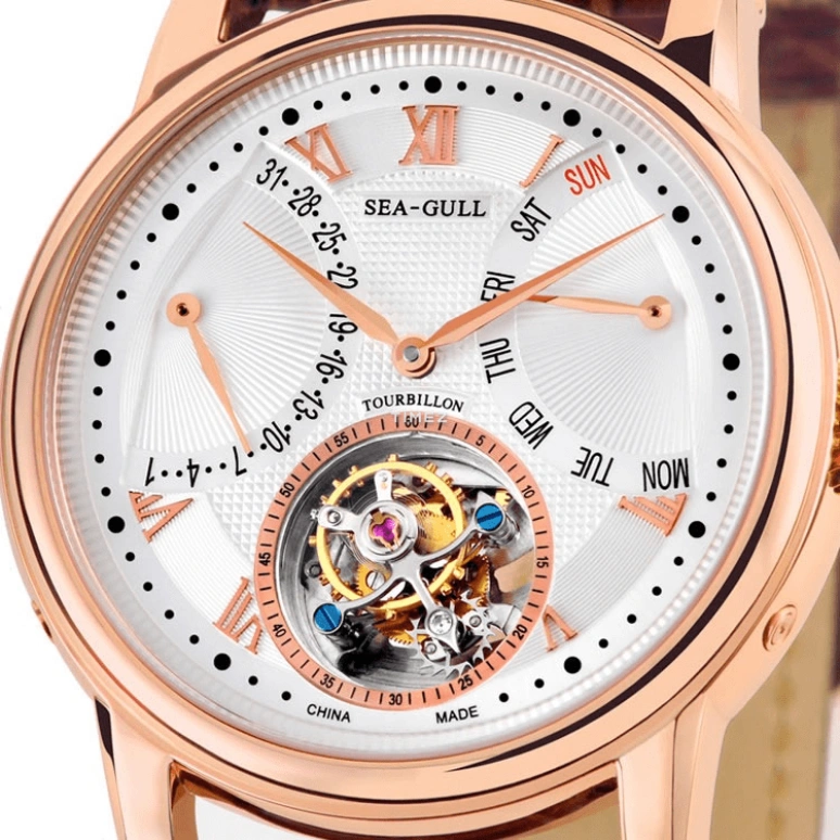 Sea-Gull,Tourbillon 43mm,43mm,Rose Gold,White,Handwound,Date,Day,Tourbillon,ST8004GA
