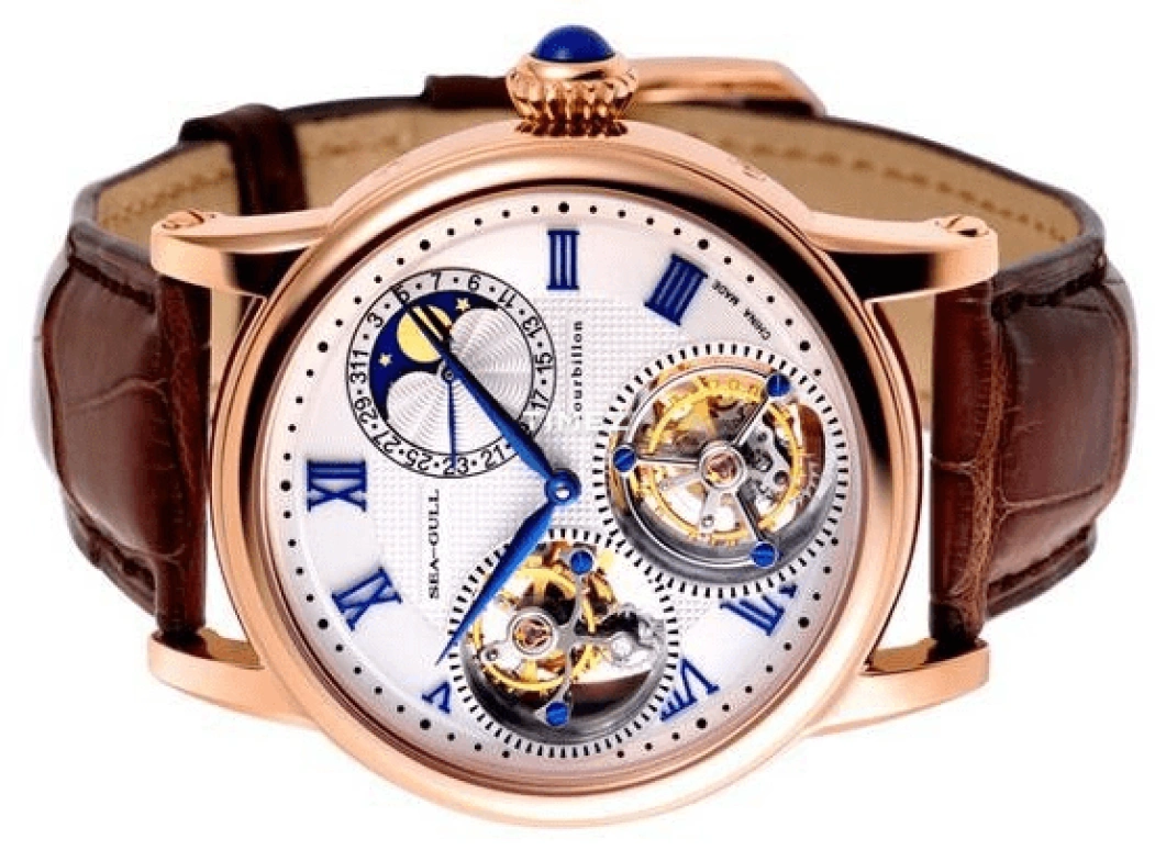 Sea-Gull,Tourbillon 43mm,43mm,Rose Gold,White,Handwound,Moonphase,Day,Tourbillon,ST8083GA