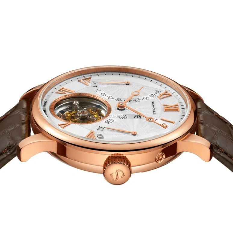 Sea-Gull,Other 40mm,40mm,Rose Gold,White,Handwound,Date,Day,Tourbillon,Flyback,Sapphire,Crystal Glass,Round,618,618.874