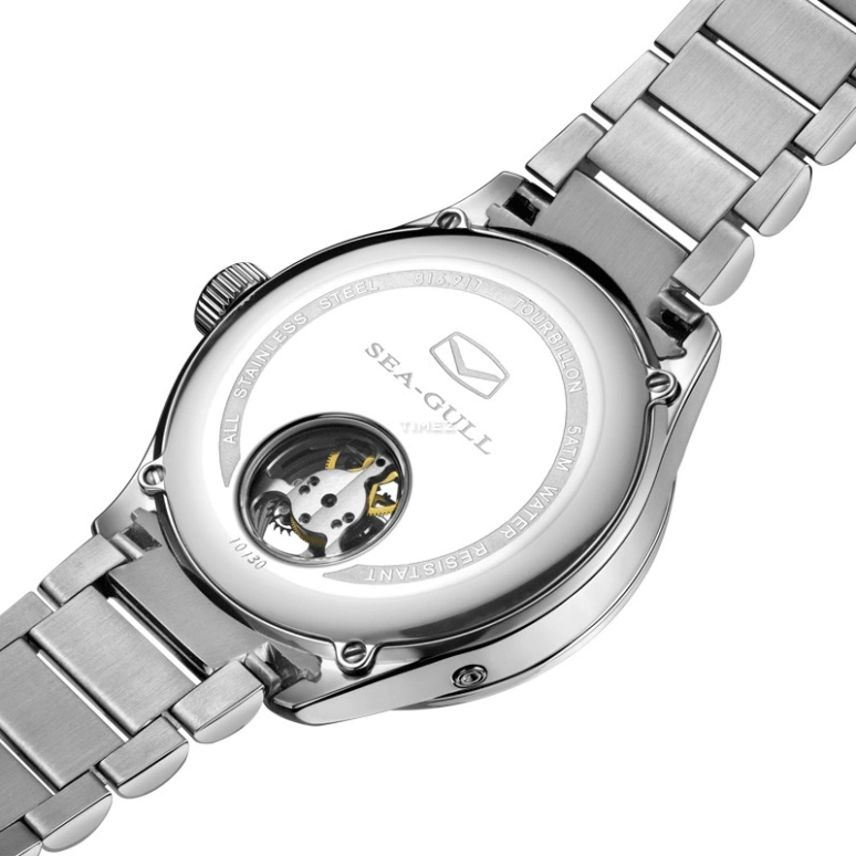 Sea-Gull,Tourbillon 40mm,40mm,Stainless Steel,Silver,Handwound,Moonphase,Day,Power Reserve Indicator,Tourbillon,Sapphire,Round,816,816.917