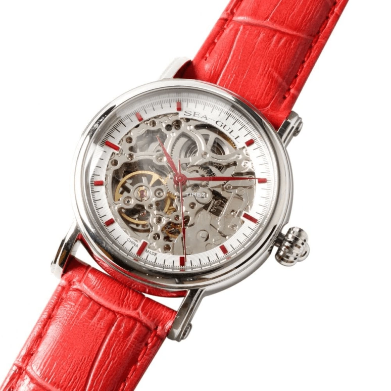 Sea-Gull,Basic 38.50mm,38.50mm,Stainless Steel,Skeleton,Automatic,Sapphire,Round,M182SK RED LEATHER