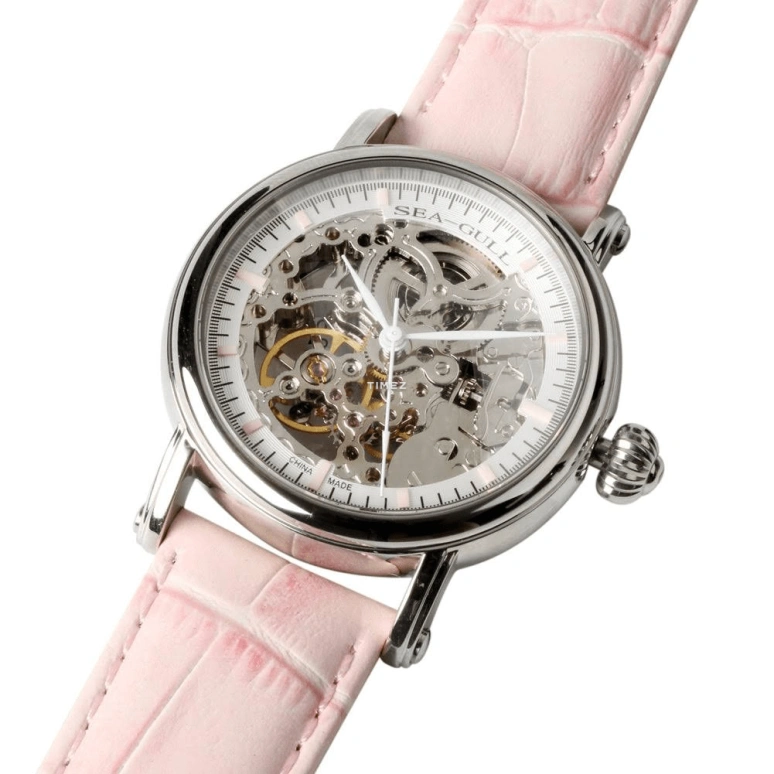 Sea-Gull,Basic 38mm,38mm,Stainless Steel,Skeleton,Automatic,Round,Silver,M182SK PINK LEATHER