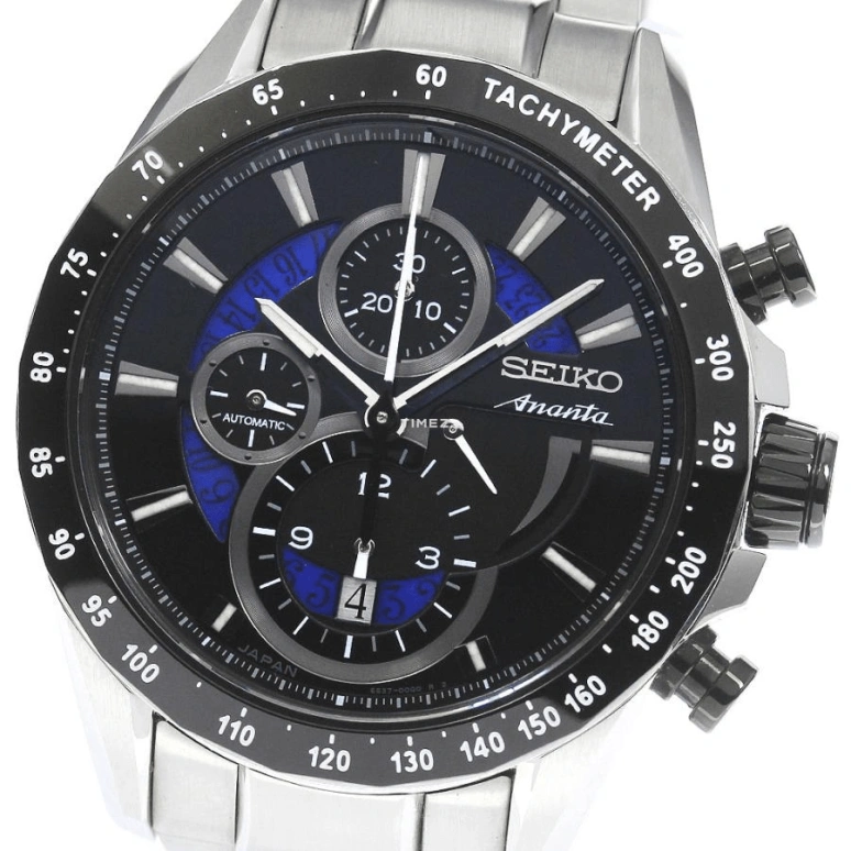 Seiko,Mechanical 43mm,43mm,Stainless Steel,Black,Blue,Handwound,Chronograph,Day,Power Reserve Indicator,SAEH003