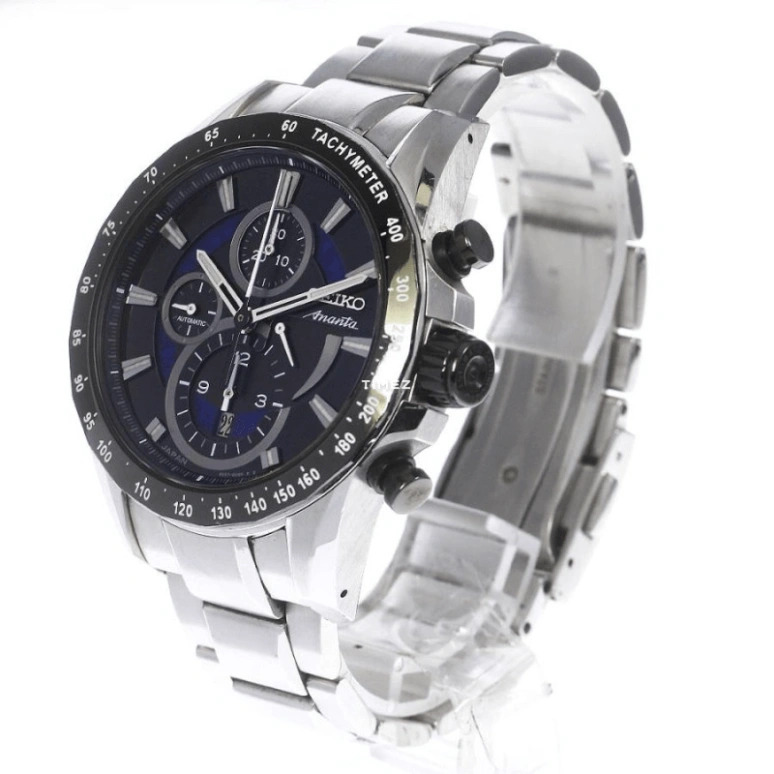 Seiko,Mechanical 43mm,43mm,Stainless Steel,Black,Blue,Handwound,Chronograph,Day,Power Reserve Indicator,SAEH003