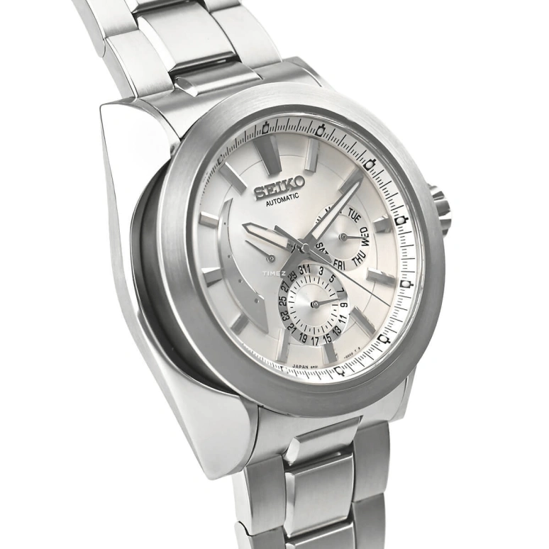 Seiko,Mechanical 42mm,42mm,Stainless Steel,White,Silver,Automatic,Date,Day,Power Reserve Indicator,SAEC005