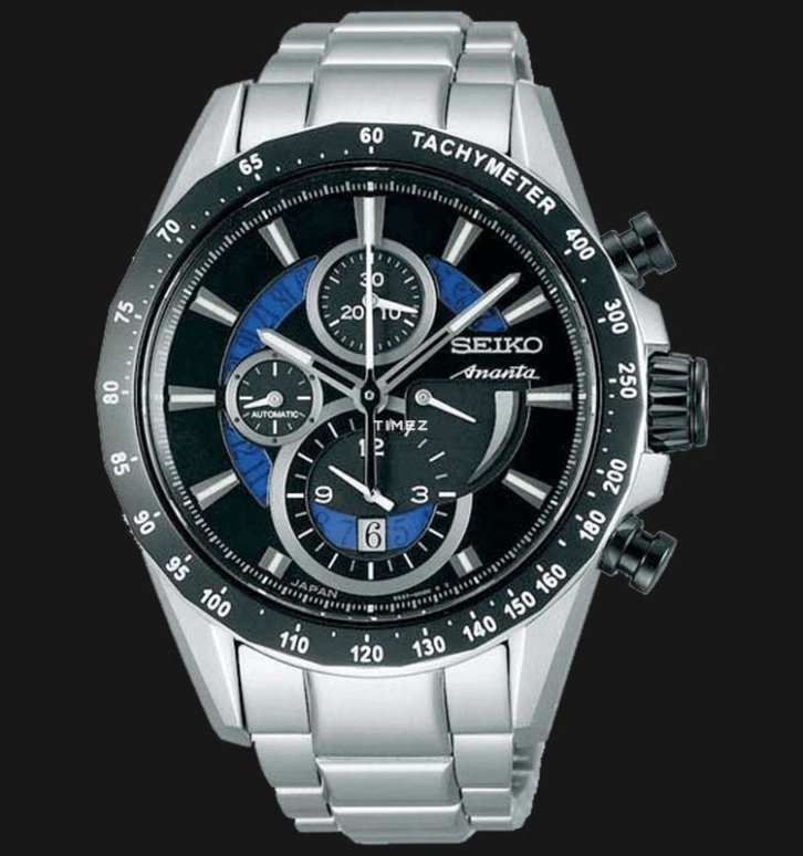 Seiko,Mechanical 43mm,43mm,Stainless Steel,Black,Blue,Handwound,Chronograph,Day,Power Reserve Indicator,SAEH003