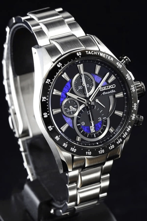 Seiko,Mechanical 43mm,43mm,Stainless Steel,Black,Blue,Handwound,Chronograph,Day,Power Reserve Indicator,SAEH003