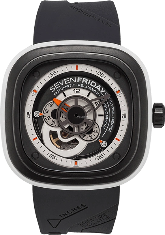 SevenFriday,P-Series 47mm,47mm,Rubber,Stainless Steel,Black,Automatic,40hours,Mineral,P3,P3/03