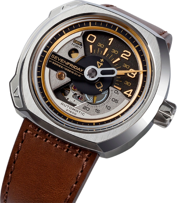 SevenFriday,V-Series 44.30x44.30mm,44.30x44.30mm,Stainless Steel,Grey,Black,Automatic,day-night-indication,V2,V2/01