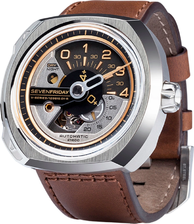SevenFriday,V-Series 44.30x44.30mm,44.30x44.30mm,Stainless Steel,Grey,Black,Automatic,day-night-indication,V2,V2/01