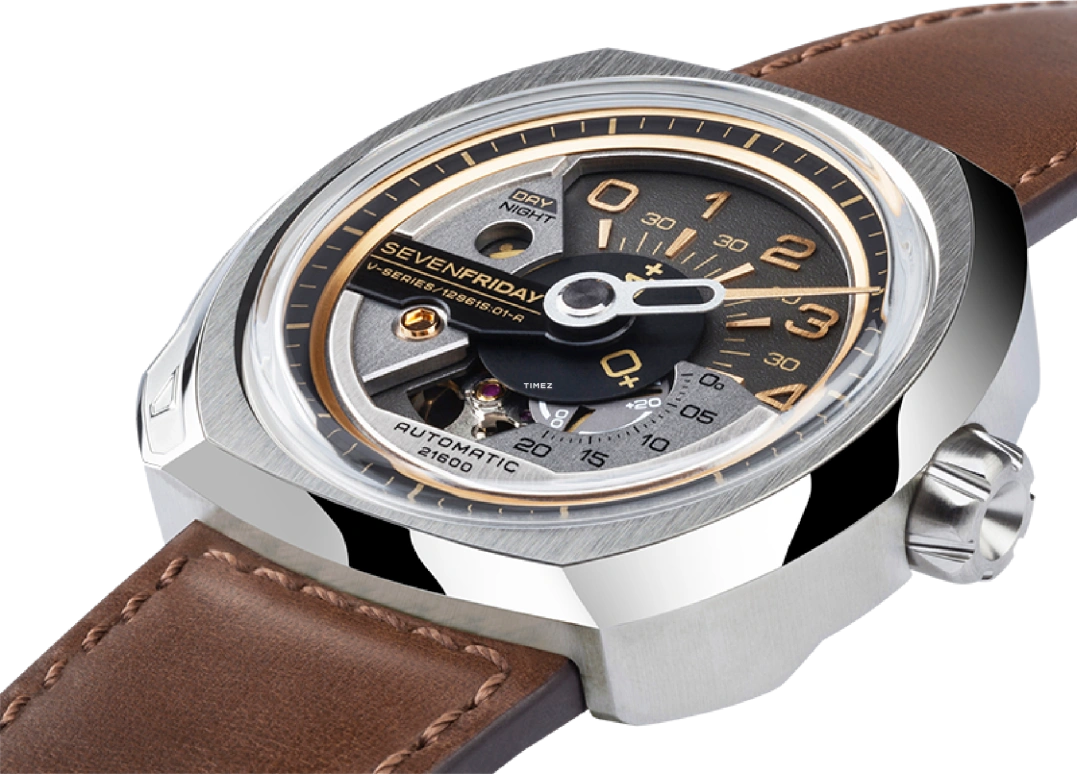 SevenFriday,V-Series 44.30x44.30mm,44.30x44.30mm,Stainless Steel,Grey,Black,Automatic,day-night-indication,V2,V2/01