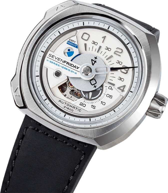 SevenFriday,V-Series 44.30x53.20mm,44.30x53.20mm,Stainless Steel,Silver,White,Automatic,day-night-indication,V1,V1/01