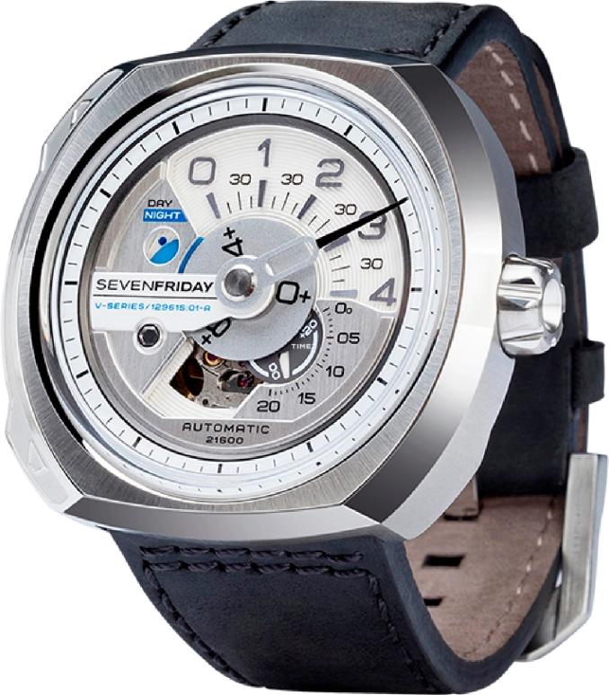 SevenFriday,V-Series 44.30x53.20mm,44.30x53.20mm,Stainless Steel,Silver,White,Automatic,day-night-indication,V1,V1/01