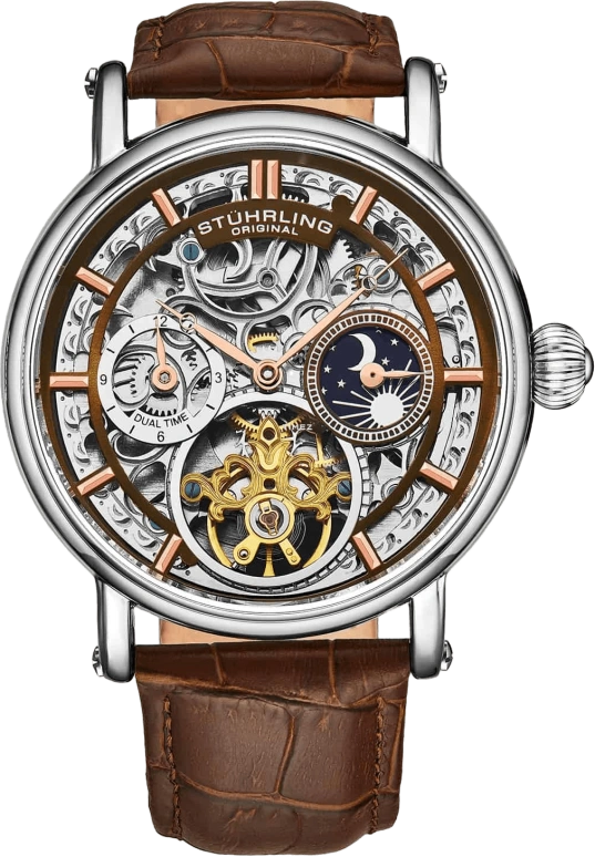 Stuhrling,Legacy 43mm,43mm,Stainless Steel,Brown,Silver,Automatic,Dule Time,Day / Night Indication,4000,4000.4