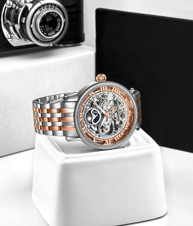 Stuhrling,Legacy 48mm,48mm,Stainless Steel,Rose Gold,Silver,Automatic,Dule Time,Day / Night Indication,3922,3922.3