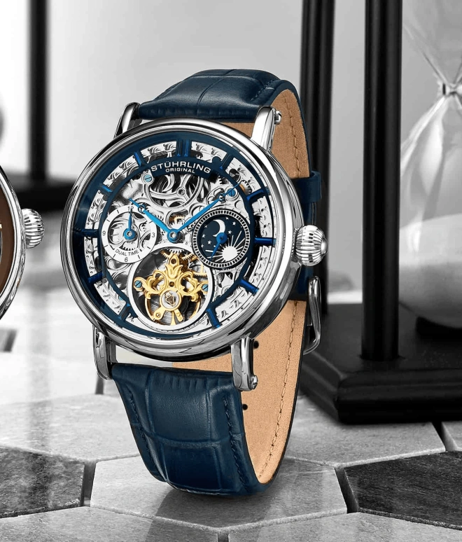 Stuhrling,Legacy 43mm,43mm,Stainless Steel,Blue,Silver,Automatic,Dule Time,Day / Night Indication,4000,4000.1