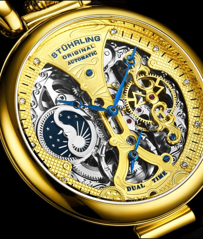 Stuhrling,Legacy 46mm,46mm,Stainless Steel,Gold,Automatic,Dule Time,Day / Night Indication,3920,3920.2