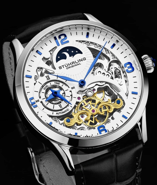 Stuhrling,Legacy 44mm,44mm,Stainless Steel,White,Automatic,Dule Time,Day / Night Indication,3921,3921.2